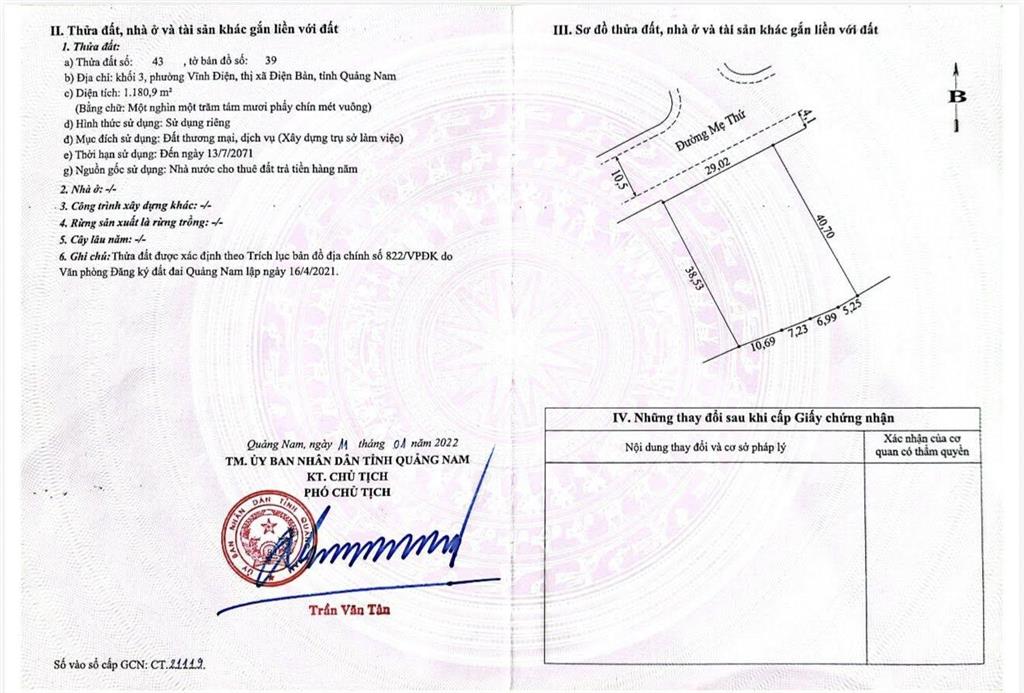 Cần bán gấp chỉ 11 triệu/m2 hơn 1.500m2 mặt tiền mẹ thứ trung tâm vĩnh điện đà nẵng