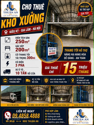 Cho thuê kho, xưởng, diện tích sử dụng 450m2, mặt tiền 10m2 Kiêu Kỵ, Gia Lâm, đường xe tải 10 tấn đỗ cửa