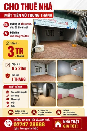 Cho thuê nhà mặt tiền Võ Trung Thành, diện tích khủng 120m2, giá chỉ 3 triệu/tháng