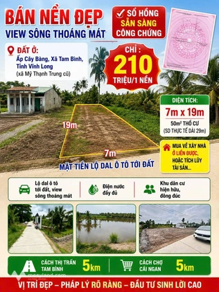 Đất nền view sông thoáng mát tại Tam Bình, Vĩnh Long - Giá chỉ 210 triệu