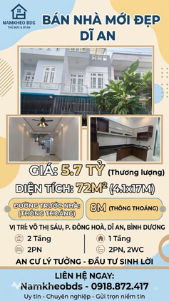 Võ Thị Sáu, Đông Hòa, Dĩ An, đường 8m, 72m2, 2 tầng, giá 5.7 tỷ thương lượng