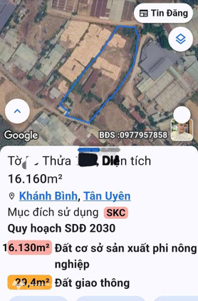 Cho thuê dài hạn 16.000m2 đất SKC,Khánh Bình,Tân hiệp,Tân Uyên,BD