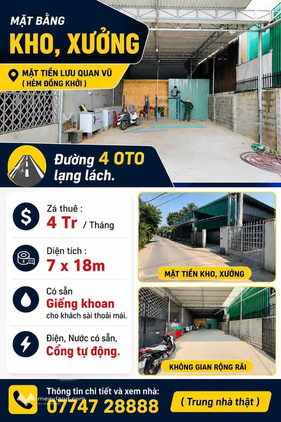 Kho xưởng mặt tiền Lưu Quan Vũ, hẻm Đồng Khởi, giá thuê cực rẻ