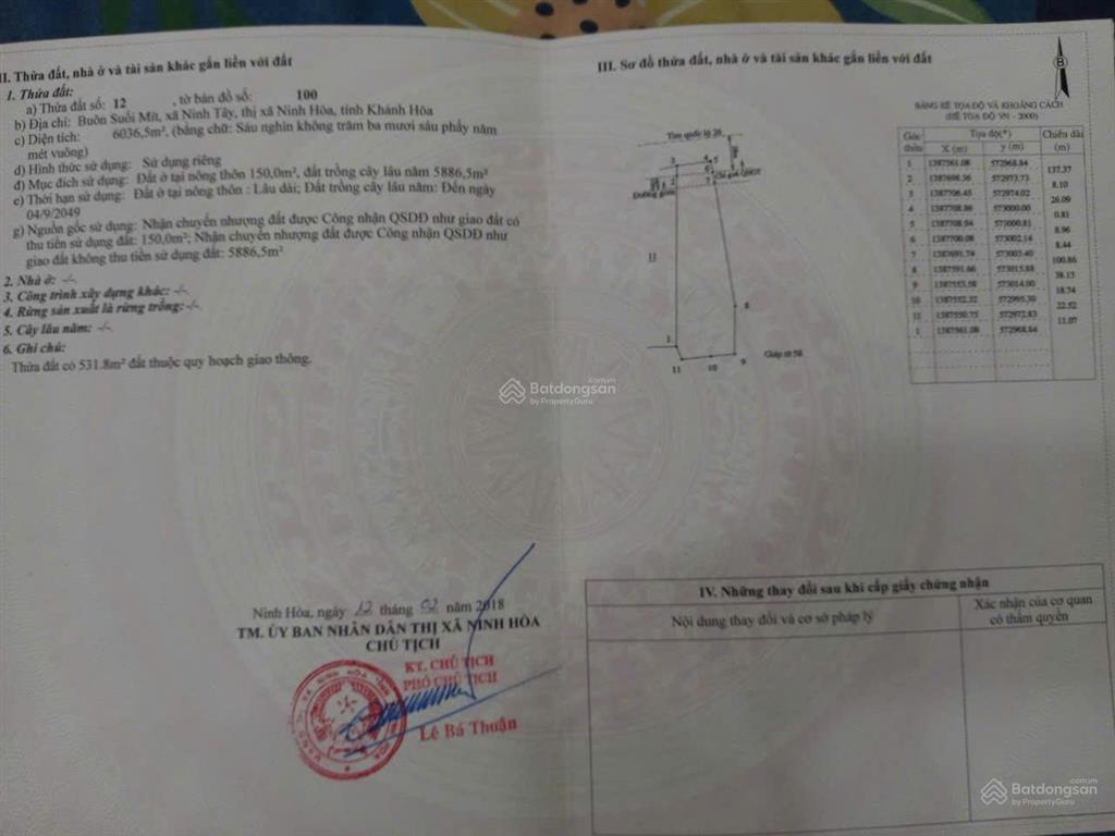Bán đất có thổ cư xã ninh tây có dt 6.036 m2, có 150m2 thổ cư