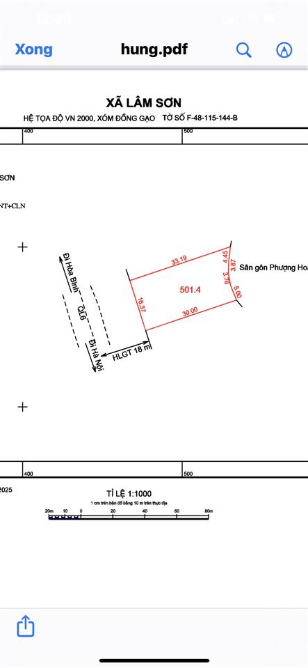 Cần bán 15,23m dt 500m2 mặt đường quốc lộ 6, cạnh sân golf phượng hoàng xã lương sơn, phú thọ