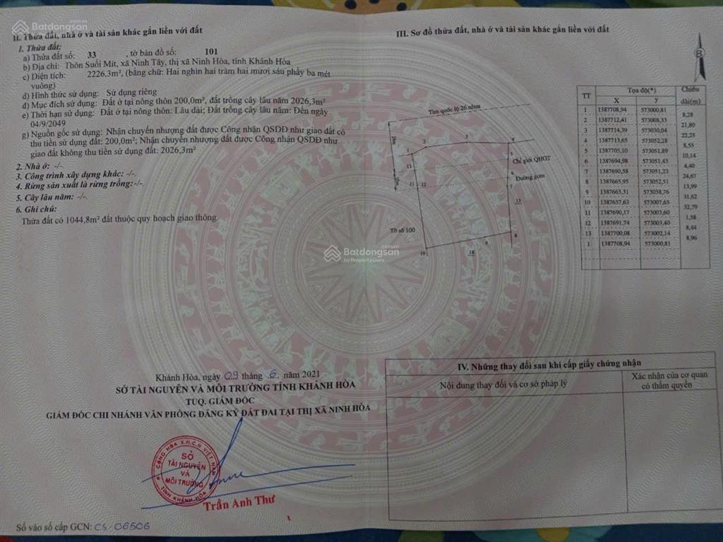 Cần bán lô đất ont mặt tiền ql26 thôn suối mít, xã tây ninh hòa, dt 2.226 m2