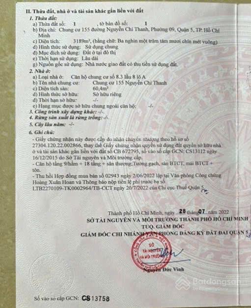 Bán căn hộ góc cc 155 nguyễn chí thanh sổ hồng lâu dài giá 4,35 tỷ