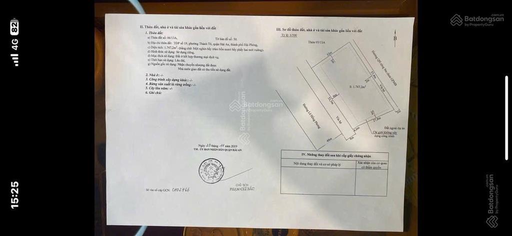 Bán 1747m2 mặt đường lê hồng phong, quận hải an gần sân bay giá 84 triệu/m2