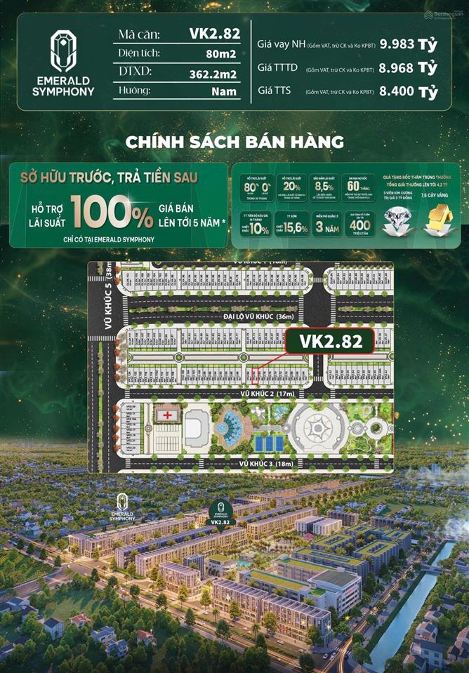 Bán căn shophouse vk2.82 emerald symphony diện tích 80m hướng nam hỗ trợ ngân hàng dễ kinh doanh