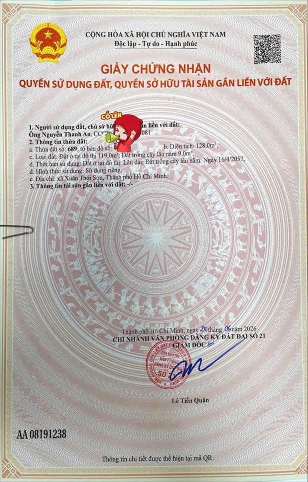 Bán lô đất thổ cư 128m2 một sẹc đường 6m nguyễn thị thử hóc môn