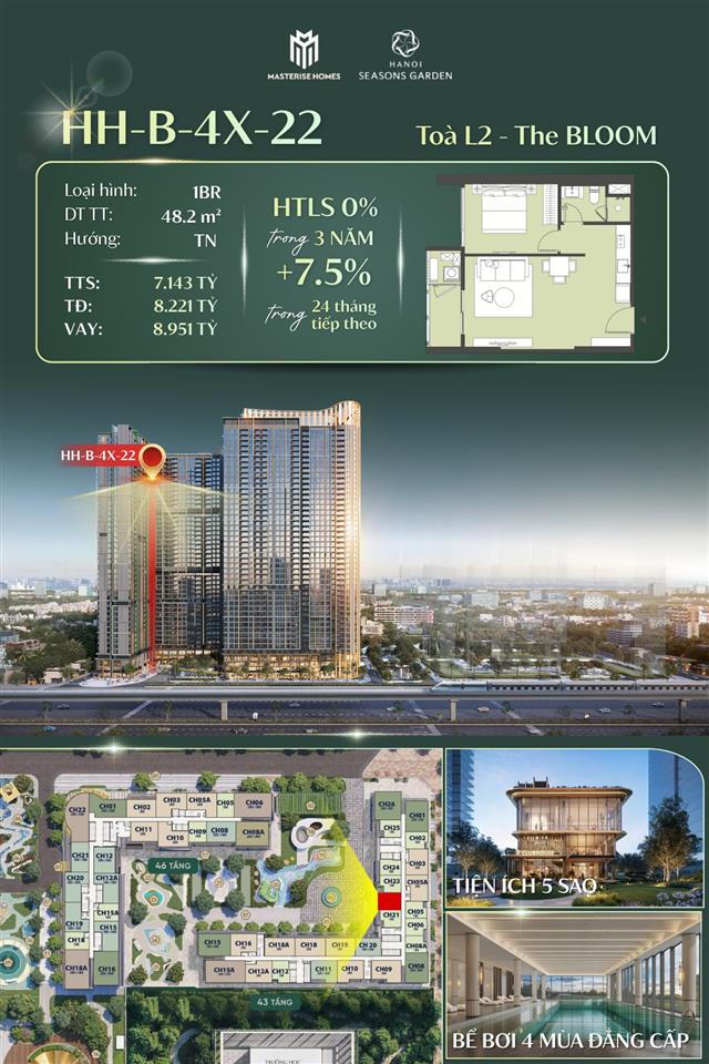 ĐẦU TƯ SINH LỢI - Căn 2PN+1 đa năng 131m2 lớn nhất nhóm Hanoi Seasons Garden từ 19 tỷ