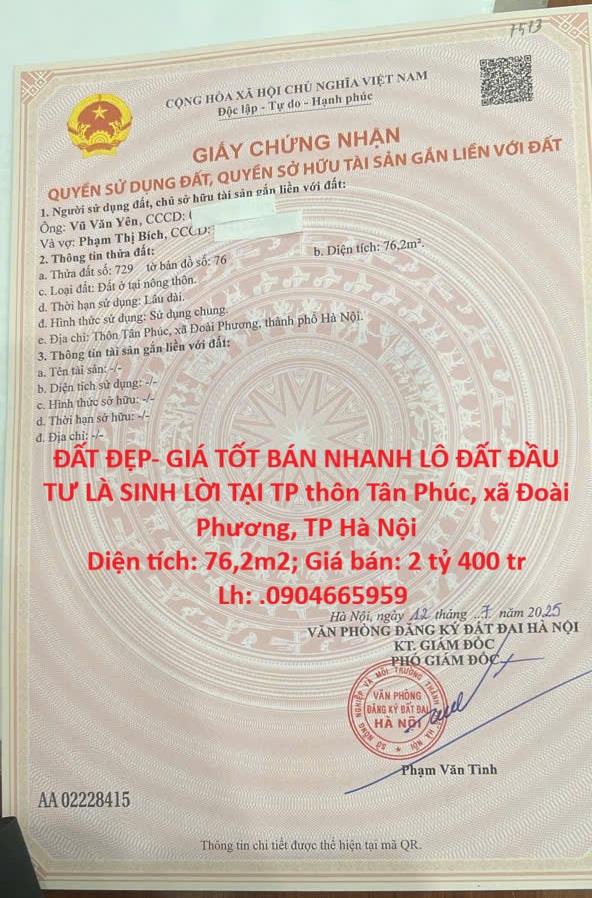 ĐẤT ĐẸP- GIÁ TỐT BÁN NHANH LÔ ĐẤT ĐẦU TƯ LÀ SINH LỜI TẠI TP xã Đoài Phương, TP Hà Nội