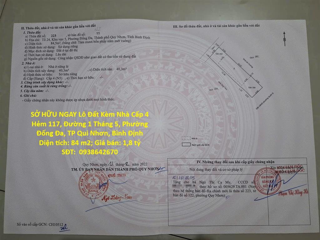SỞ HỮU NGAY Lô Đất Kèm Nhà Cấp 4 Hẻm 117, Đường 1 Tháng 5, Phường Đống Đa, TP Qui Nhơn,