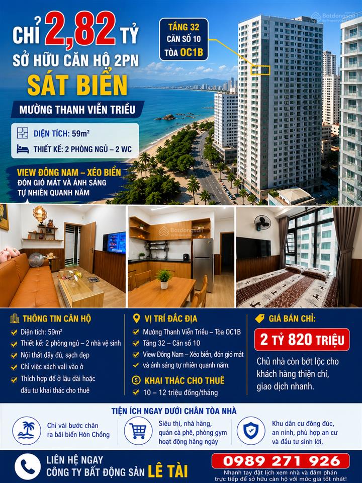 Chỉ 2,82 tỷ sở hữu căn hộ 2pn sát biển mường thanh viễn triều