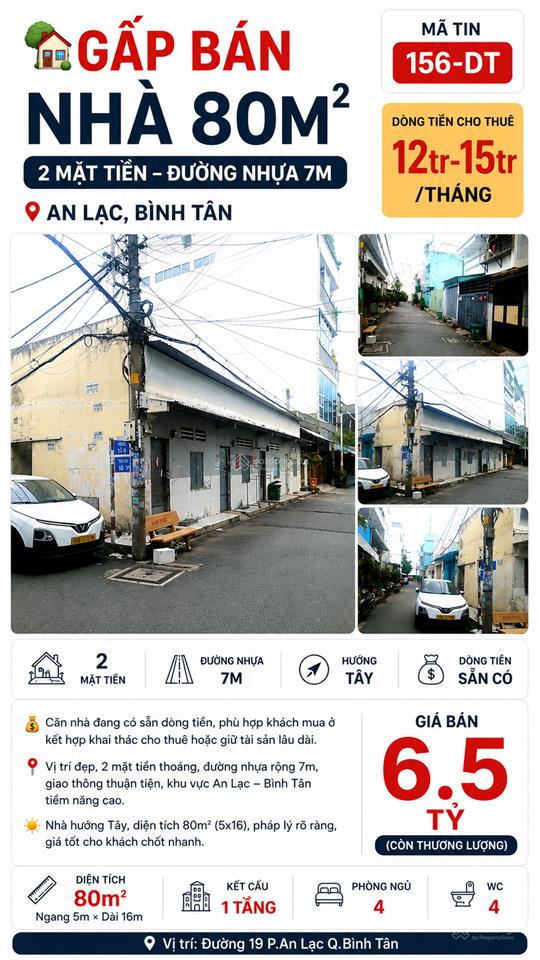 Nhà bán gấp 80m², 2 mặt tiền, dòng tiền có sẵn 15tr an lạc, bình tân, nhỉnh 6 tỷ