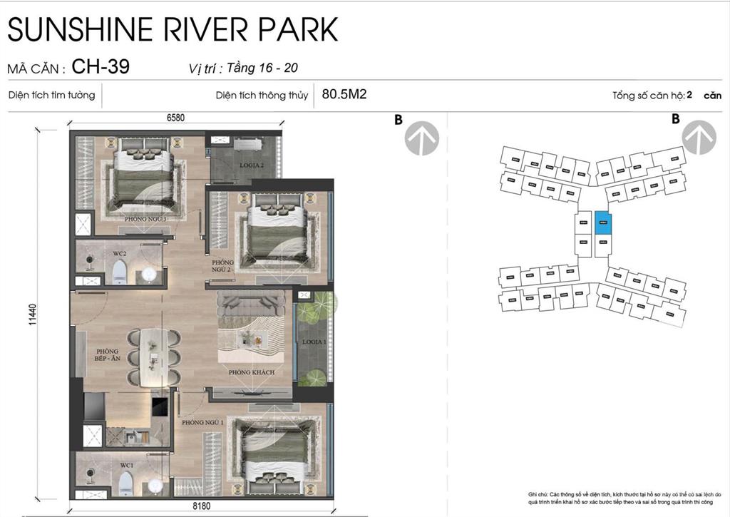 Bán sunshine river park 3 ngủ 80m2 tầng 16 view sông hồng, đã có nội thất gắn tường