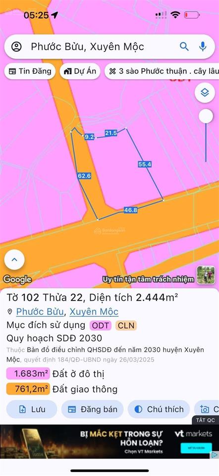 Đất phước bửu xã hồ tràm mới 46,8m mt đường lớn 300 thổ cư. tổng diện tích 2440m2