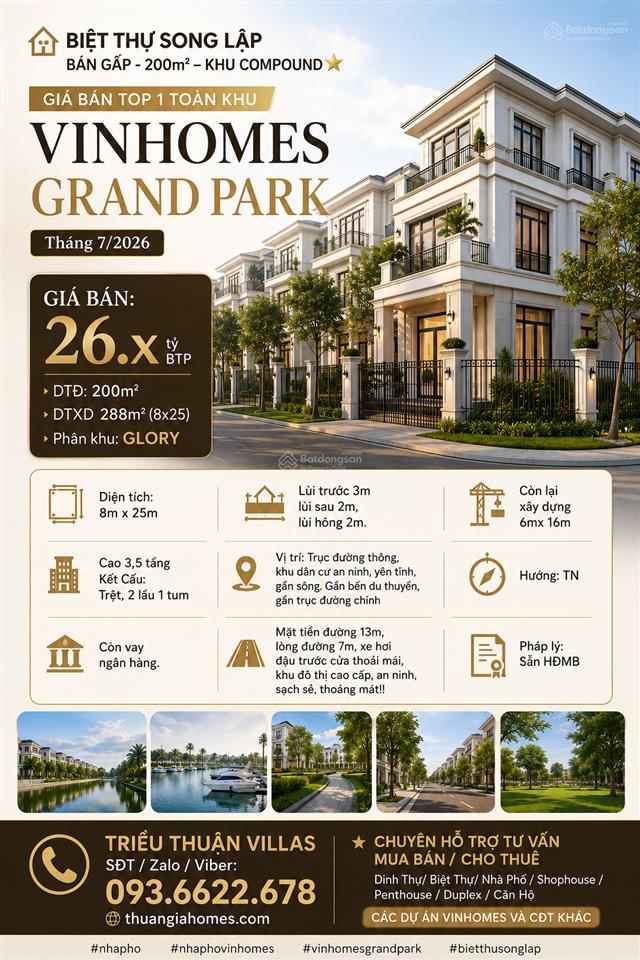Biệt thự song lập bán gấp 200m2 khu compound giá bán top 1 toàn khu vinhomes grand park t7