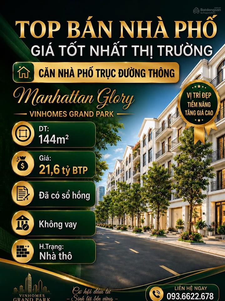 Nhà phố cần tiền bán gấp t8/2026 144m2 manhattan giá bán 20,5 tỷ btp giá tốt hơn thị trường
