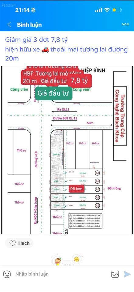 8,7 tỷ giảm 7,3 tỷ mặt tiền đường số 8 hiệp bình phước 156,1m2 đường 20 m nổi bật tư hiếm