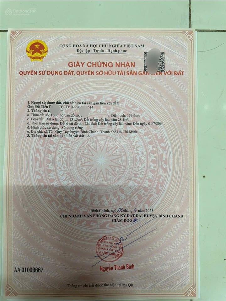 Bán đất đường 6m tân quý tây. dt 7,5x25=182m, có 160m thổ cư