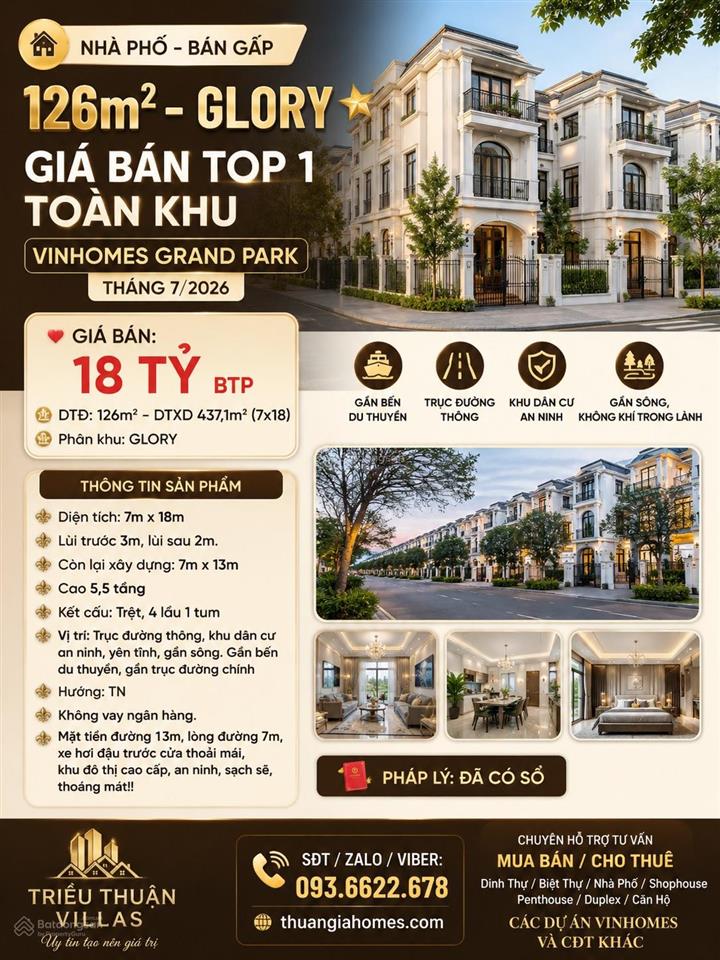 Nhà phố bán gấp 126m2 glory giá bán top 1 toàn khu vinhomes grand park tháng 7/2026