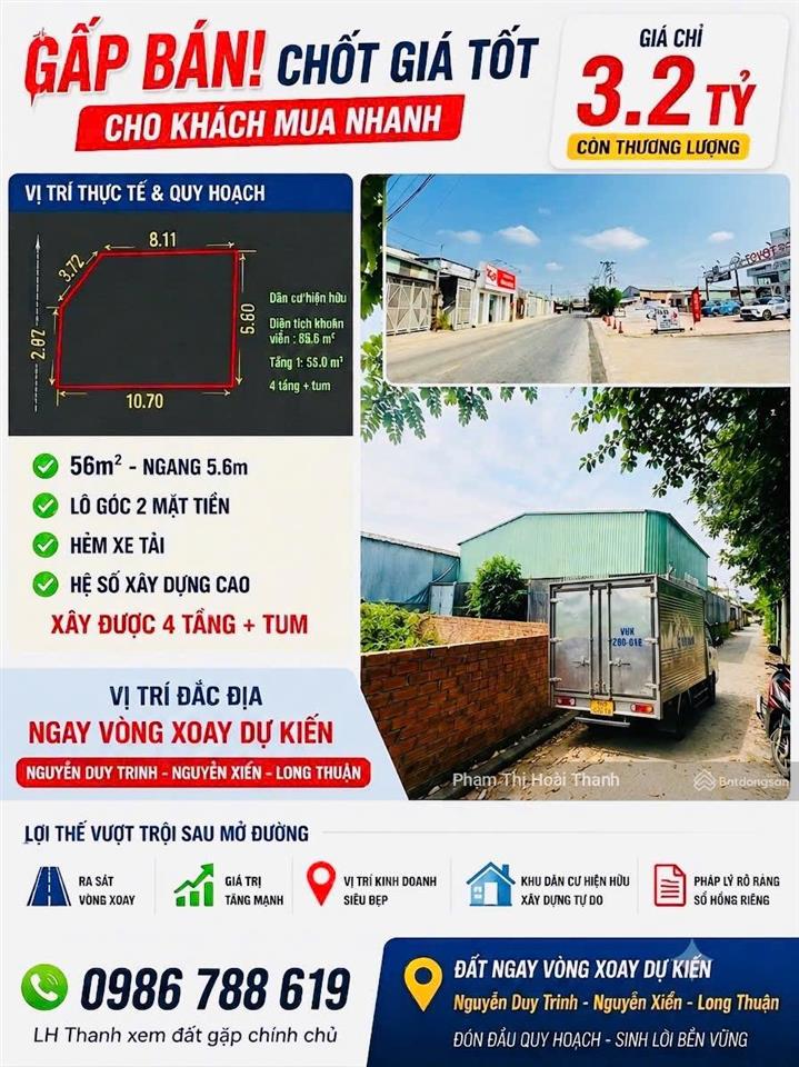 3.2 tỷ/ 56m² gấp bán lô góc hẻm xe tải nguyễn duy trinh sát mặt tiền