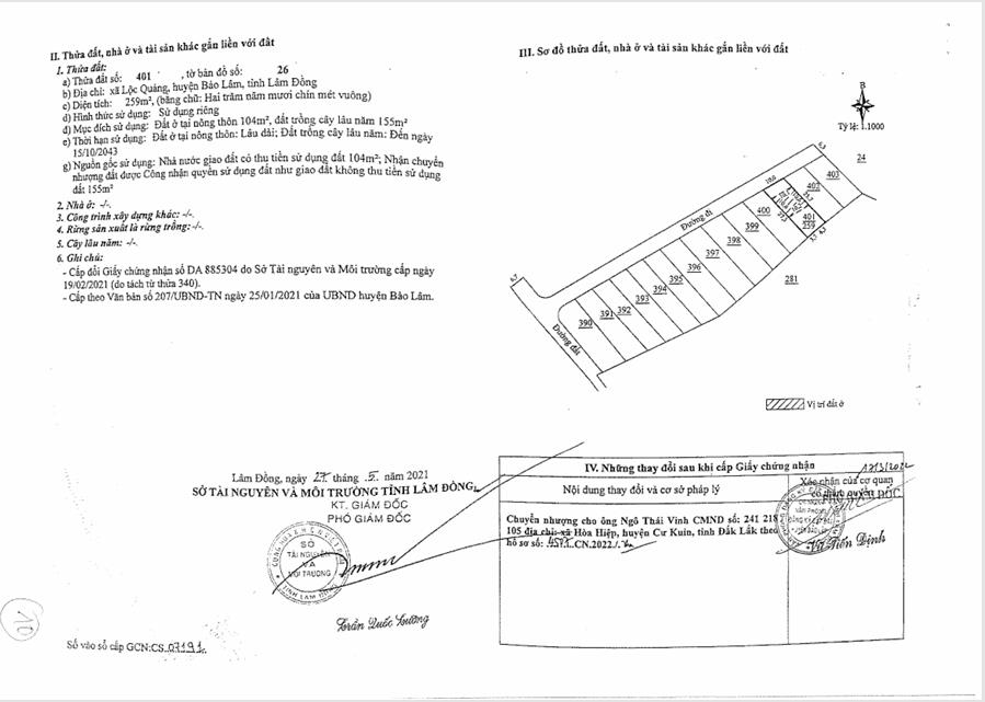 Bán qsdđ và tài sản gắn liền với đất tại thửa đất số 401, tờ bản đồ số 26, x.bảo lâm 1, t.lâm đồng