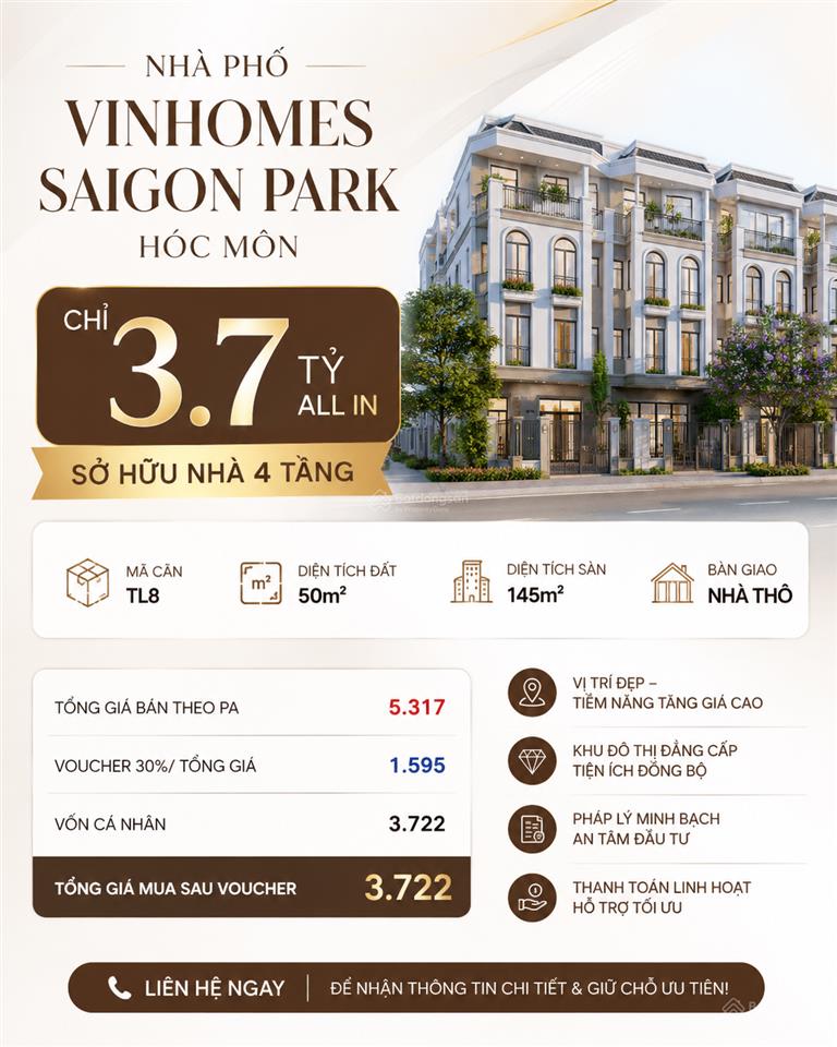 Bán nhà phố 50m² vinhomes saigon park hóc môn chỉ 3,7 tỷ all in 4 tầng ưu đãi 50% giá trị