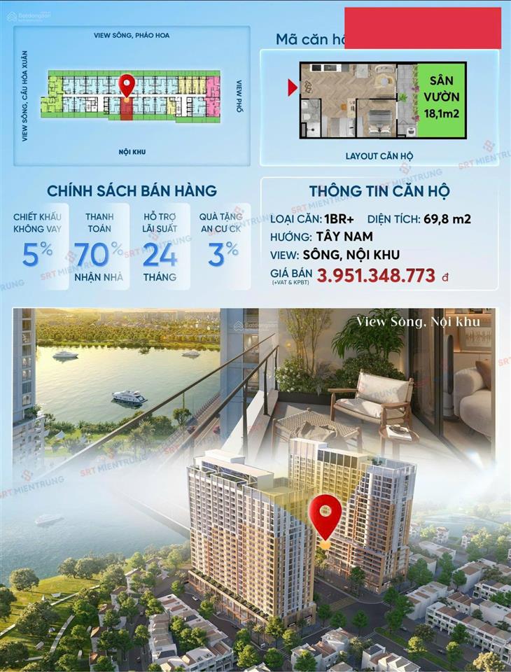 Căn hộ sân vườn 69m² chỉ 3 tỷ 349, dự án trực diện sông, giá gốc từ chủ đầu tư