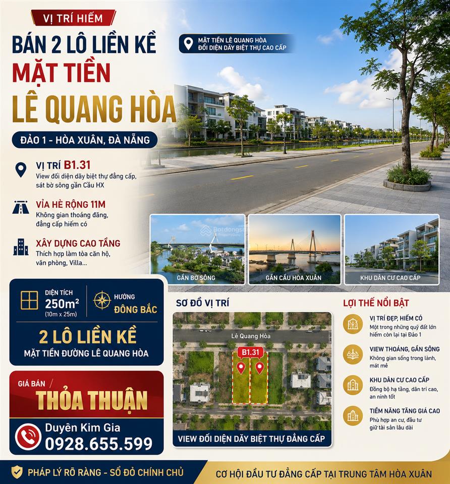 Bán 2 lô liền kề mặt tiền lê quang hòa đảo 1 hòa xuân, đà nẵng