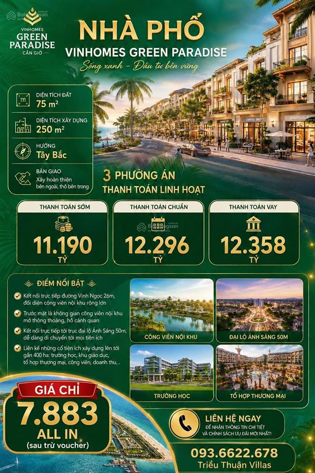 Bán nhà phố 75m² chỉ 7.883 tỷ all in giá tốt vinhomes green paradise