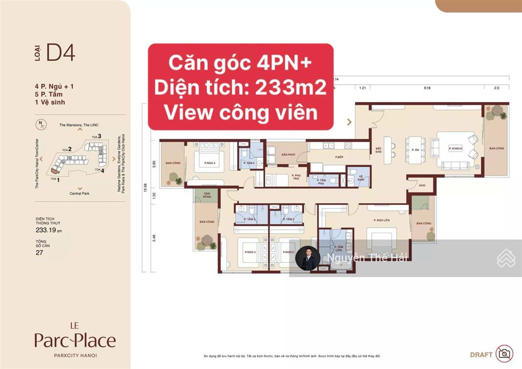 Căn góc 4pn + tòa a, 233m2, dự kiến 23 tỷ, ban công đông namtây nam, view công viên le parc place