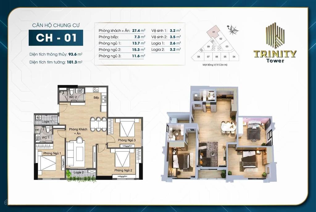 Chính chủ bán căn 3n căn góc 93,6m² view 2 hồ , giá 8,7 tỷ full đồ dự án trinity 0916 411 ***