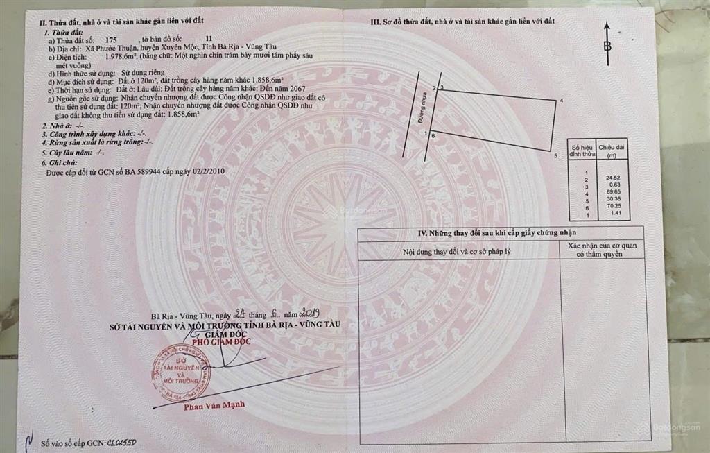 Bán đất tại gò cát, xã phước thuận, xuyên mộc (nay là xã hồ tràm, hcm), 5,0 tỷ, dt 1978,6m2