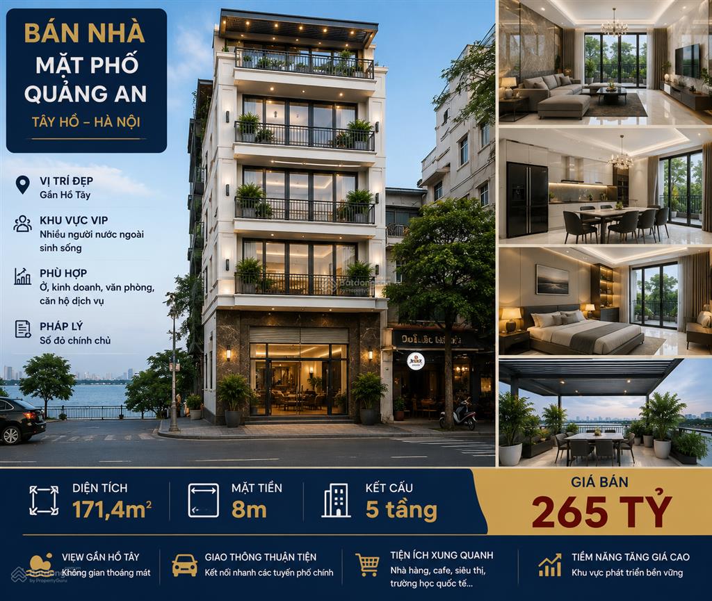 Bán nhà mặt phố quảng an hồ tây 171,4m2 5 tầng giá 265 tỷ. vị trí mặt hồ