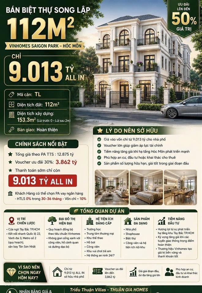 Bán biệt thự song lập 112m2 chỉ 9.013 tỷ all in ưu đãi lên đến 50% giá trị vinhomes saigon park