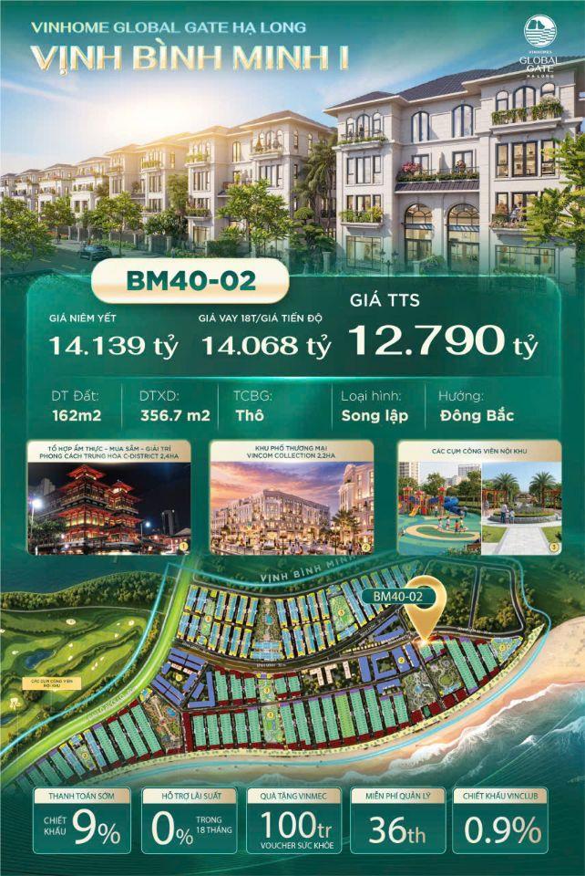 Bán biệt thự song lập 162m2 giá đất chỉ từ 60 triệu/m2 trong khu đô thị Vinhome Global gate Hạ Long