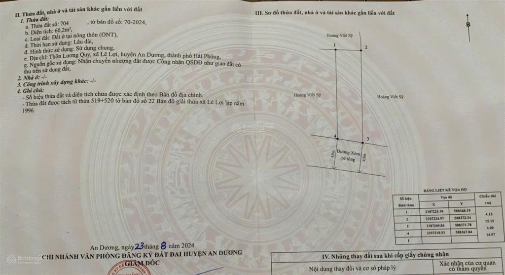 1,39 tỷ 60.2m2 đường 5m tại lương quy, an dương