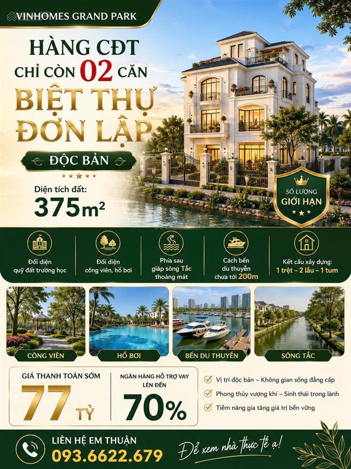 Bán biệt thự đơn lập độc bản chỉ còn 01 căn duy nhất hàng cđt tại vinhomes grand park
