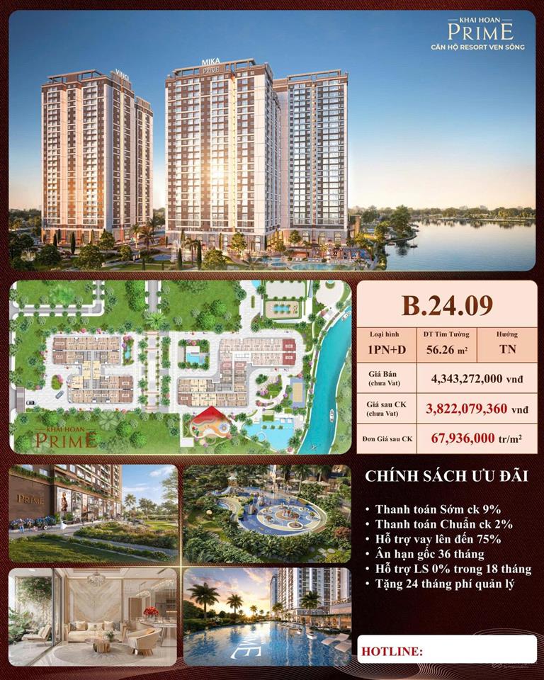 Bán căn hộ khải hoàndiện tích 56.26m2giá 3,8 tỷ có vat quý 2/2027 nhận nhà lầu cao view đẹp