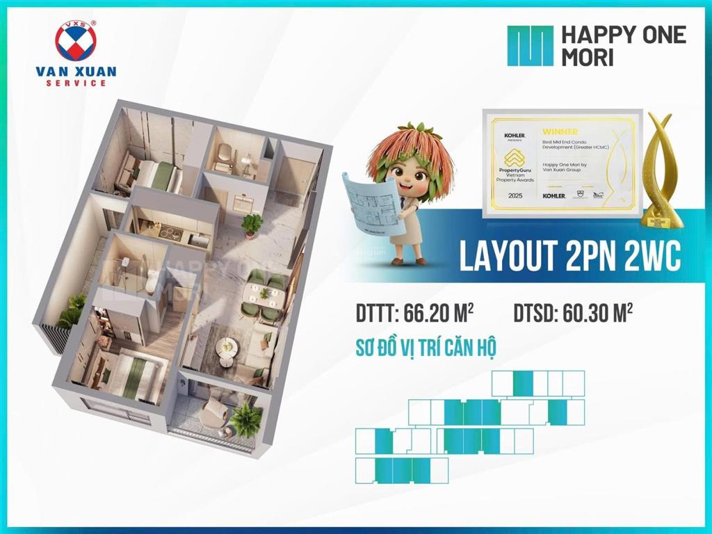 Happy one mori suất nội bộ 2pn 2wc tầng 10 view nội khu giá tổng 102% 2,626 tỷ kí hdmb
