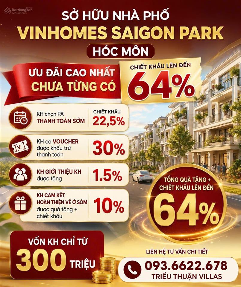 Sở hữu nhà phố vinhomes ưu đãi lớn nhất từ trước đến nay lên đến 64%vinhomes saigon park hóc môn