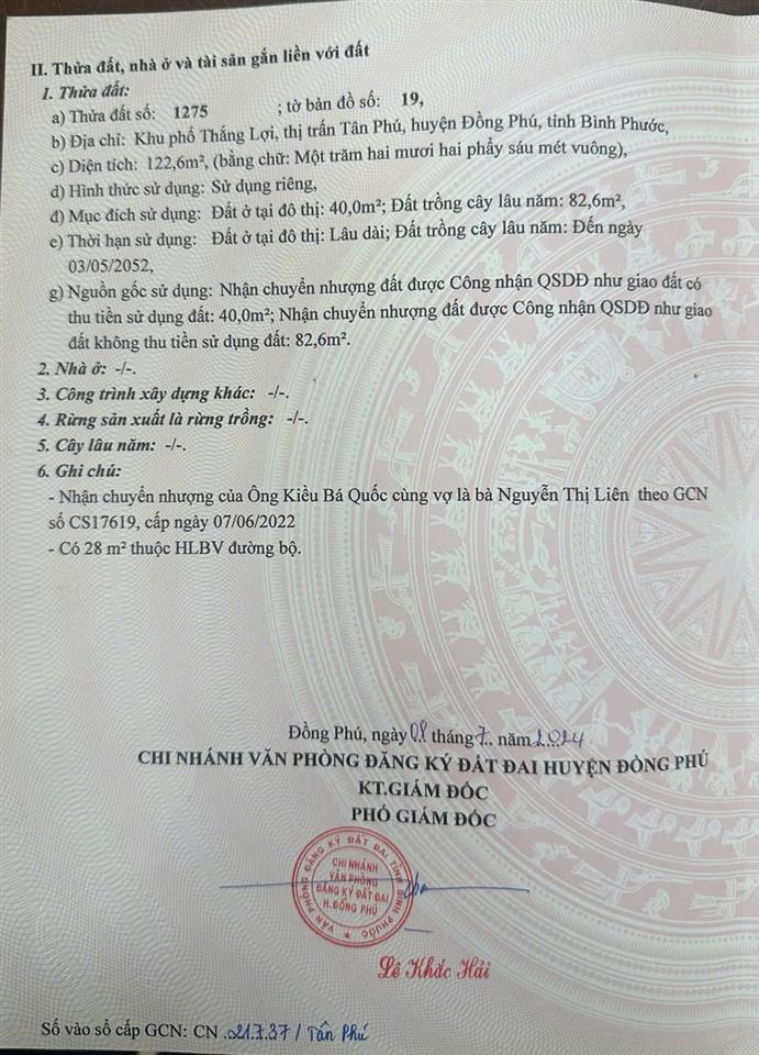 CẮT LỖ MẠNH – CHỦ KẸT TIỀN CẦN BÁN GẤP LÔ ĐẤT TẠI thị trấn Tân Phú, huyện Đồng Phú, tỉnh