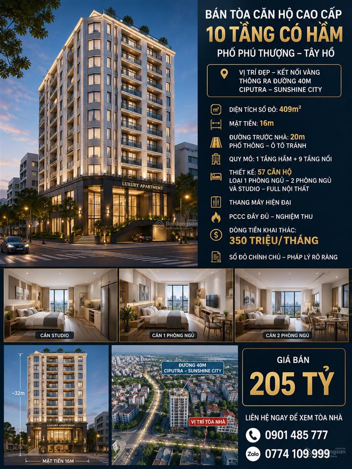 Bán tòa căn hộ dịch vụ an dương vương tây hồ | 409m | 10 tầng | 57 căn hộ | doanh thu 350 tri/th