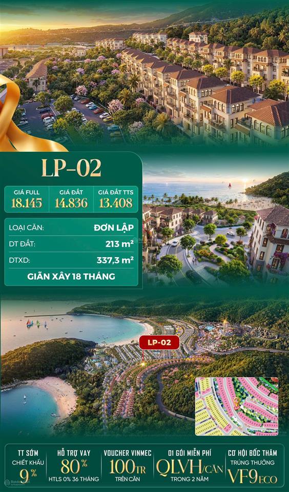 Biệt thự đơn lập góc lp02 lâm phong vin hải vân bay 213 m² giãn xây 18 tháng giá full 18,15 tỷ