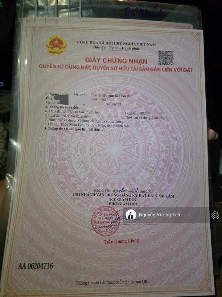 Bán đất thổ cư cam tân, cam lâm giá chỉ 600 triệu, khu dân cư giữ lại, giáp ranh quy hoạch vin