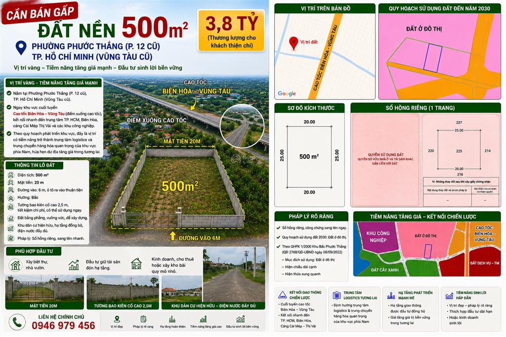 Phước thắng tp.hcm (p12vt) đón sóng cao tốc, đón đầu đô thị mới 500m2 mặt tiền 20m chỉ 3,8 tỷ