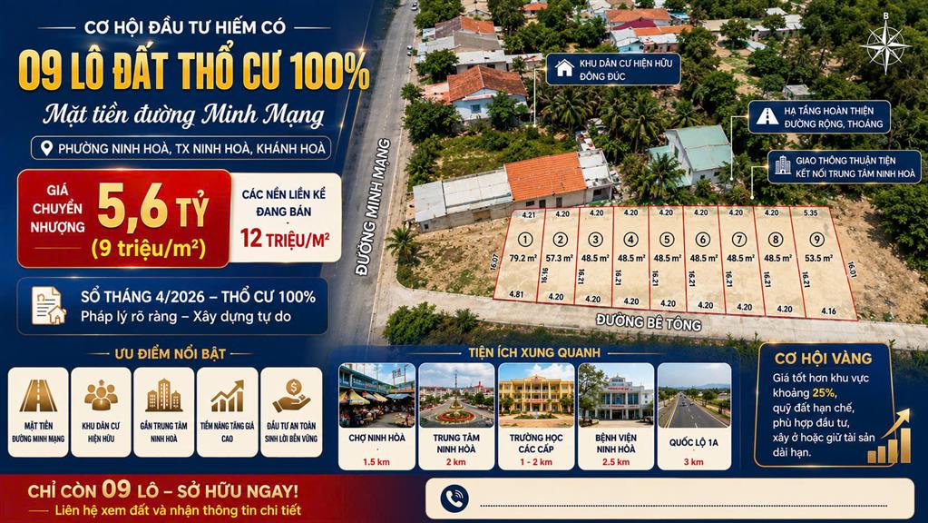 Bán sĩ 9 lô Phường Ninh Hòa - Khánh Hòa, đất thổ cư đường Minh Mạng