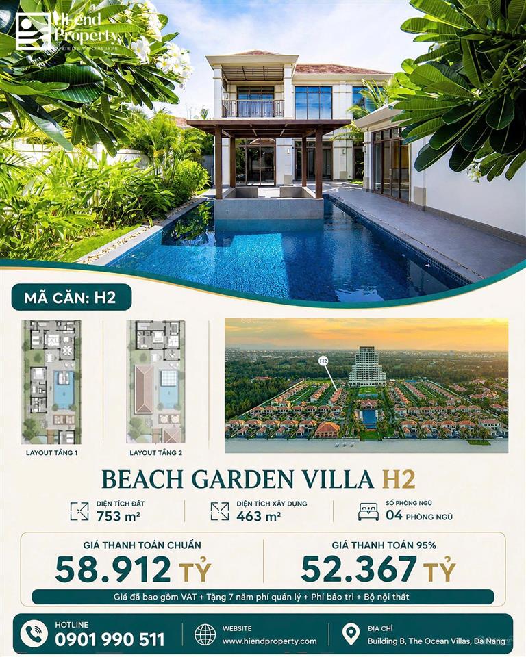 Biệt thự mặt biển fusion resort đà nẵng, căn villa cuối, 4 bed, sổ lâu dài, 753 m2.